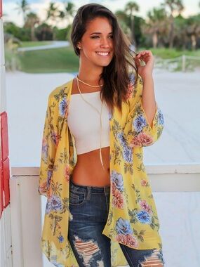 Ambiance Yellow Floral Sheer Lightweight Open Front Flowy Beach Kimono NWOT